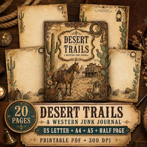 May include: A collection of printable journal pages titled Desert Trails, A Western Junk Journal. The set includes a cover featuring a horse, a desert landscape, and a lantern, alongside lined stationery pages with cactus and western motifs.