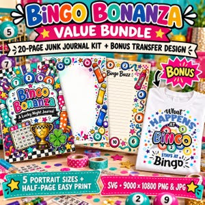 May include: A Bingo Bonanza junk journal kit and bonus transfer design bundle featuring printed pages with bingo balls, trophies, and clover graphics. The set includes a white t-shirt with the text What Happens At Bingo Stays At Bingo.