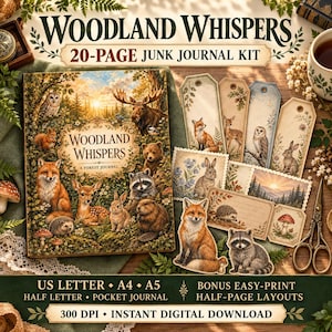 Kit per junk journal con animali del bosco, pagine stampabili con animali della foresta in formato 8,5 x 11, A4, A5, mezza pagina + taccuino tascabile in PDF, pacchetto di 20 pagine per scrapbooking.