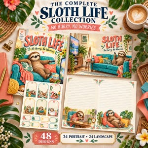 Puede incluir: Un set de papelería titulado The Complete Sloth Life Collection con ilustraciones de perezosos en varios entornos. El conjunto incluye dos libros con portadas de perezosos, una hoja de seis etiquetas de regalo y papel de escritura rayado.