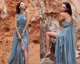 LESA Goddess Dress • Fairy Dress • Boho Bridesmaid Dress • Wedding Guest Dress Summer • Roman Goddess Dress • Mother Nature Dress Dusty Blue