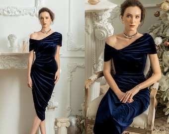 VICTORIA One Shoulder Velvet Formal Dress | Wedding Guest Dress | Bridesmaid Dress Pencil | Dark Blue Midi Dress | Romantic Elegant Dress