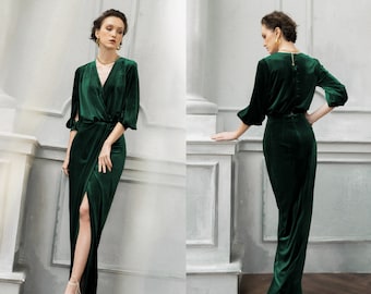 CARA Emerald Green Velvet Wedding Dress| Velvet Bridesmaid Dress | Dark Green Velvet Maxi Dress | Formal Evening Gown | Wedding Guest Dress