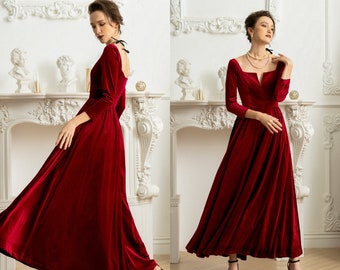 LAURA Velvet Prom Dress Ball Gown | Wedding Guest Dress | Formal Dresses Women | Bridesmaid Velvet Dress Long Sleeve | New Year red dress