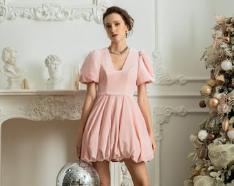 KATY Velvet Short Prom Dress | Winter Bubble Dress | Cocktail Dress For Wedding Guest | Homecoming Mini Dress | Puff Sleeves Vintage Lolita