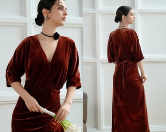 DEBEE Velvet Wrap V Neck Tie Waist Dress - Elegant Party Floor Length Evening Gown