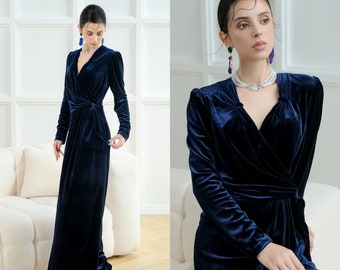 SAMMY Ruched Shoulder Velvet Gown | Long Sleeves Evening Gowns Formal Party Dress | Custom Made | Winter Velvet Dress | Bridesmaid Dress