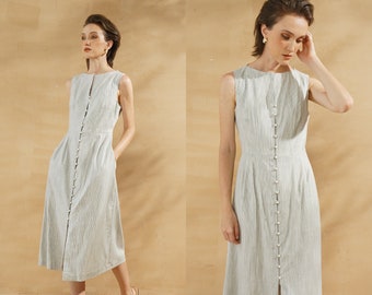 Khaki Stripe Linen Shift Dress | Sleeveless Summer Dress with Pockets