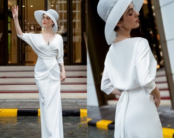 MARIAH Bridesmaid Satin Wrap Dress | White Wrap Dress | White Dress Women Wedding | White Dress Long Sleeve | Minimalist Wedding Dress