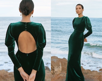 SIGNE Open Back Dark Green Velvet Dress | Velvet Dress For Women | Wedding Maxi Dress | Wedding Guest Dress Winter | Velvet Bridesmaid Dress