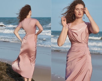 ISLA DRESS -  Elegant twist front draped ruched bridesmaid dress | satin maxi dress | wedding guest dress | wedding reception long dress