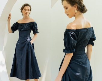 REYNA Off-The-Shoulder Linen Dress With Side Pocket | Mother Of The Bride Dress | Mother Of The Groom Dress | Wedding Guest Dress Tea Length