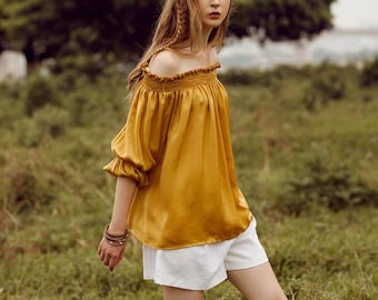 Off-Shoulder Smoked Silk Blouse | Boho Long Sleeve Top