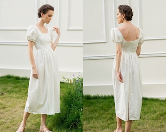 PIPER Linen Puff Sleeves Cottagecore Dress | Milkmaid Dress White | Scoop Back Peasant Dress | White Linen Midi Dress | Fall Dress Women