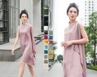 KATEE Women Tunic Dress | Minimalist Summer Boat Neck Dress | Asymmetric Sleeveless Flowy Tunic | Long Style Clothes | Tunic Blouse