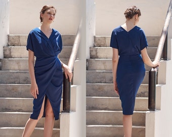 MARTHA Elegant Short Sleeves Cocktail Dress | Wedding Guest Dress | Satin Evening Dress | Party Dress | Formal Dress | Prom Dress Dark Navy