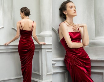 CHRISTINE Spaghetti Strap Night Out Dress | Wedding Guest Outfits For Women | Red Velvet Dress | Velvet Bridesmaid Dress | Christmas Dress