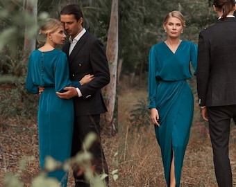 CARA Blue Wrap Silhouette Bridesmaid Dress | Silk Long Formal Gown | Wedding Guest Dress | Cocktail & Evening Dress | Custom Sizes