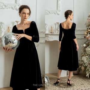 IRYNA Wedding Guest Velvet Dress | Winter Vintage Dress | Formal Cocktail Dress Women | Long Sleeve Full Skirt Dress | Gathered Midi Dress