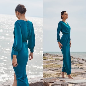 Silk Dress Long Sleeve Midi Length -  New Zealand