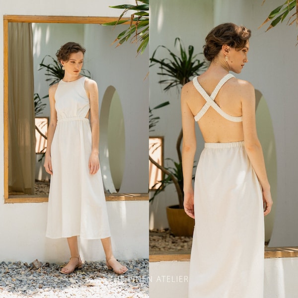 JOANNA Linen Criss Cross Summer Dress | Wedding Guest Dress | Beach Bachelorette Party | Handmade Linen Clothing | Party Sundress Women
