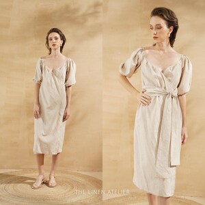 Summer Casual Linen Wrap Midi Dress | Sweatshirt Dress | Boho Dress | Boho Linen Dress | V neck Tunic | Cottagecore Dress | Riley