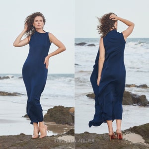 MILA DRESS - Sleeveless loose fit dress | navy blue crepe satin dress | maxi dress | daywear dress | navy blue kaftan | silk day dress maxi