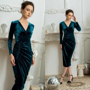 PAULINA Velvet Cocktail Dress Reception Dress for Bride Mother of Bride Dress Winter Wedding Guest Dress Formal Long Sleeve Dress Etsy