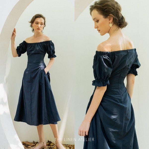 REYNA Off-The-Shoulder Linen Dress With Side Pocket | Mother Of The Bride Dress | Mother Of The Groom Dress | Wedding Guest Dress Tea Length