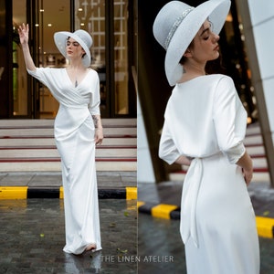 MARIAH Bridesmaid Satin Wrap Dress | White Wrap Dress | White Dress Women Wedding | White Dress Long Sleeve | Minimalist Wedding Dress