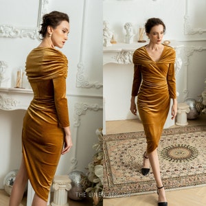 DAKOTA Velvet Bridesmaid Midi Dress | Prom Dress | Mother Of Bride Dress | Cocktail Dress For Wedding Guest | Gold Velvet Dress For Woman