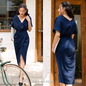 MARTHA Classy Pencil Draped Dress | Wedding Guest Dress Summer | Prom Dress | Gift For Her | Short Sleeve Dress | Modest Dress Custom