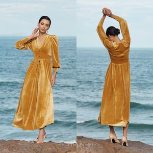 Yellow velvet dress long sleeve sales
