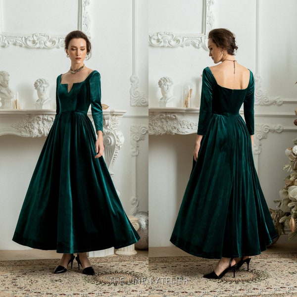 LAURA Velvet Dresses For Women | Green Cocktail Dress | Winter Bridesmaid Dress | Long Formal Dress | Velvet Christmas Dress | Gift For Her