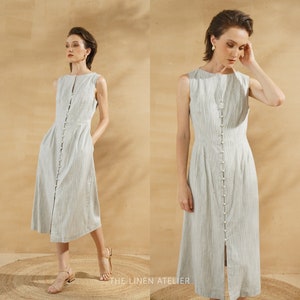 HAZEL Khaki Stripe Long Shift Dress | womens shift dress with side pockets | summer dress casual sleeveless | casual dress with pockets