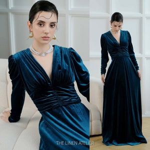 SHERRY V-neck Long Sleeves Velvet Dress | Autumn Winter Velvet Bridesmaid Dress | Wedding Dress Fit And Flare Dress | Evening Ball Gown