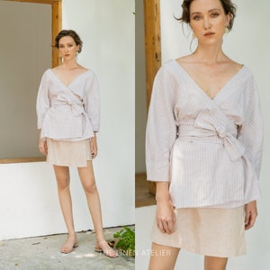 NIA V-neck Wrap Blouse Women | Linen Wrap Top | Summer Blouse For Women | Women&#39;s Linen Blouse | Made To Order Blouse | Kimono Top Women