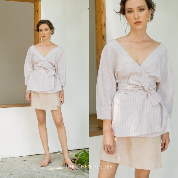 NIA V-neck Wrap Blouse Women | Linen Wrap Top | Summer Blouse For Women | Women's Linen Blouse | Made To Order Blouse | Kimono Top Women