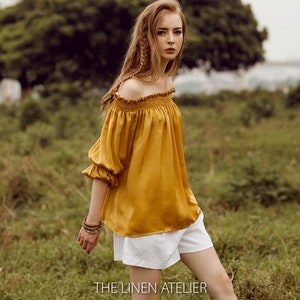 TELSA Off The Shoulder Smoked Silk Blouse | Casual Boho Top | Plus Size & Petite | Loose Fit | Long Sleeve Summer Top | Ruched Neckline Top