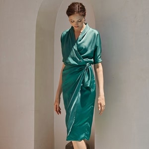 VALENARA Minimalist Wrap Dress Silk | Simple Elegant Satin Dress | Evening Dress | Short Sleeves Dress | Wedding Guest Dress | Formal Dress