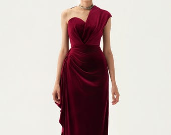 Selene Velvet One Shoulder Gown | Ruched Velvet Dress | Elegant Red Carpet Eveningwear