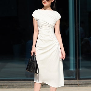 TAGY Rehearsal Dinner Dress | White Cocktail Midi Dress Women | Formal Dresses For Women Wedding Guest | Boatneck Dress | Silk Prom Dress