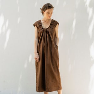 Stacey Dress - Brown Sleeveless Linen Midi Dress with Ruched Neckline and Open Back Tie Detail