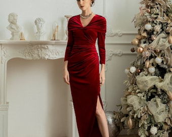 Red Velvet Maxi Dress | Cape Shoulder Evening Gown