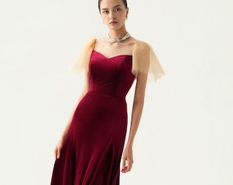 Burgundy Velvet Gown | Sweetheart Neckline, Tulle Sleeves  | Christmas Evening Silhouette