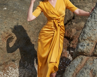 Amelia Mustard Wrap Midi | Elegant Evening Midi | Chic Occasion Wear