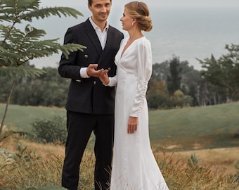 Silk Blend Wedding Dress | V-Neck Gigot Long Sleeve, White Satin