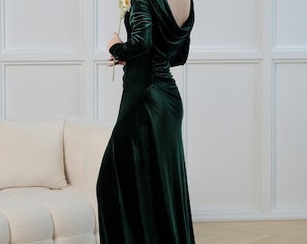 Velvet Evening Gown | Low Back Slit Cocktail Dress | fall clothing gift