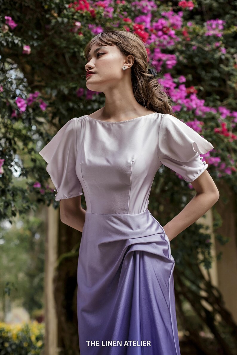 Lavender Ombre Satin Midi Dress | Draped Waist Elegant Evening Dress - Etsy