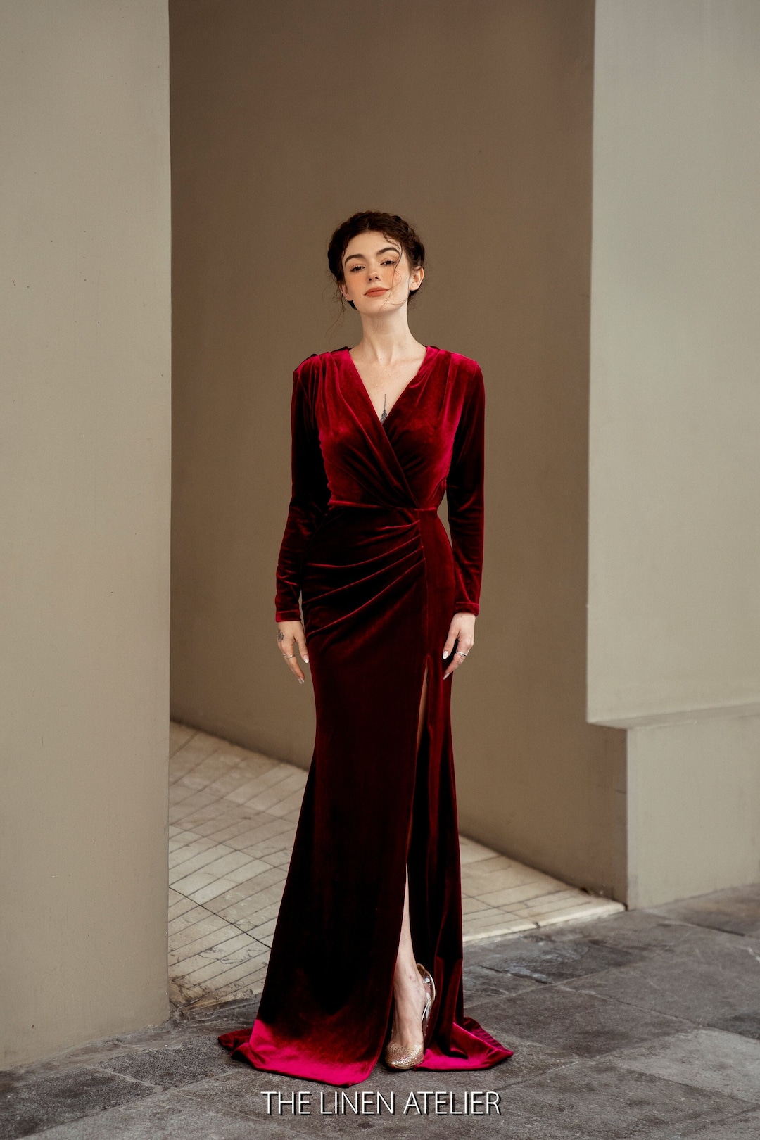 Buy MAUREEN Red Velvet Bridesmaid Dress Cocktail Dress for Wedding Guest  Long Velvet Dress Velvet Dresses for Women Velvet Formal Dress Online 